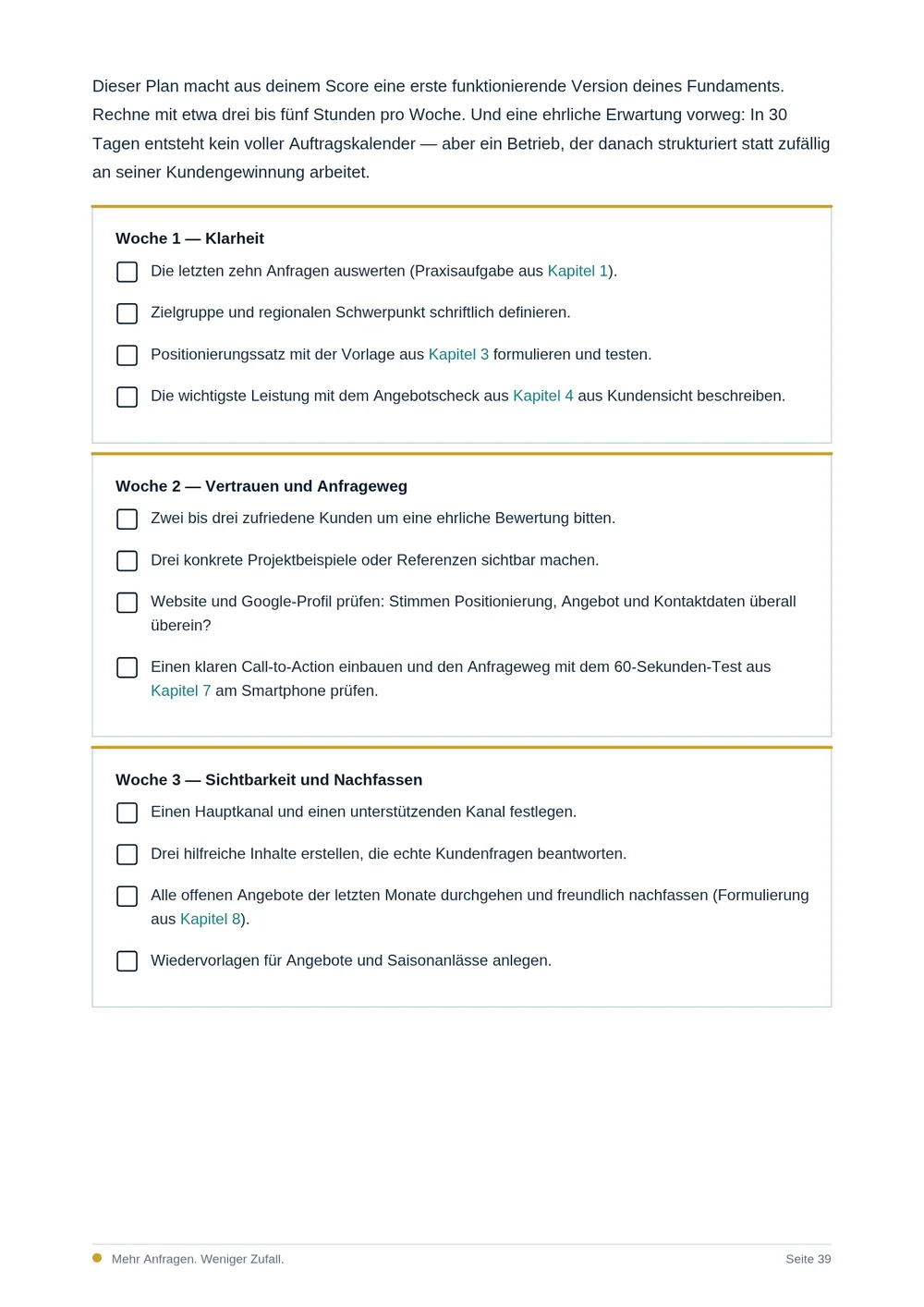 Wochenübersicht des 30-Tage-Fundament-Plans mit Checklisten