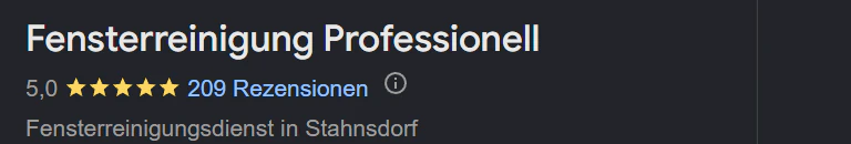 Ausschnitt des Google-Unternehmensprofils: Fensterreinigung Professionell, 5,0 Sterne bei 209 Rezensionen